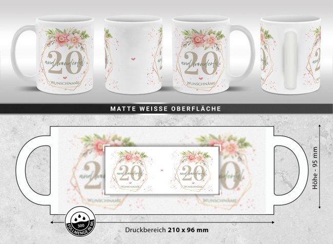 Tasse zum 20. Geburtstag - Wonderful mit Kranz - Matt wei&szlig;