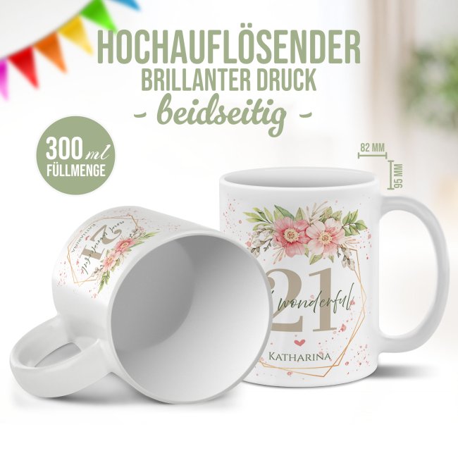 Tasse zum 21. Geburtstag - Wonderful mit Kranz - Matt wei&szlig;