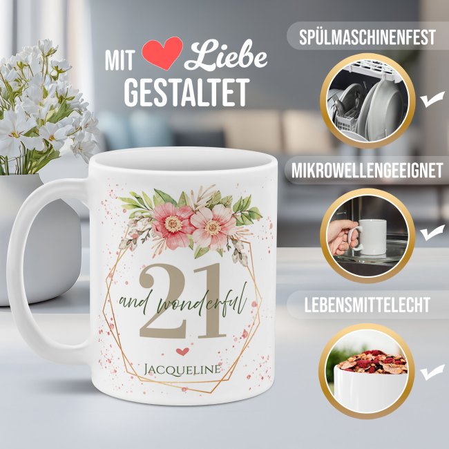 Tasse zum 21. Geburtstag - Wonderful mit Kranz - Matt wei&szlig;