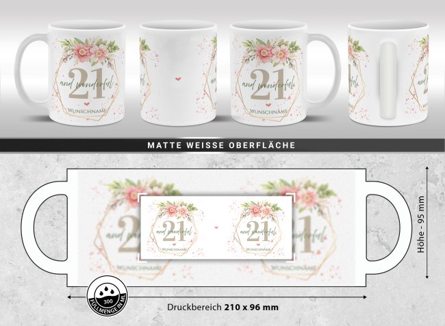 Tasse zum 21. Geburtstag - Wonderful mit Kranz - Matt wei&szlig;