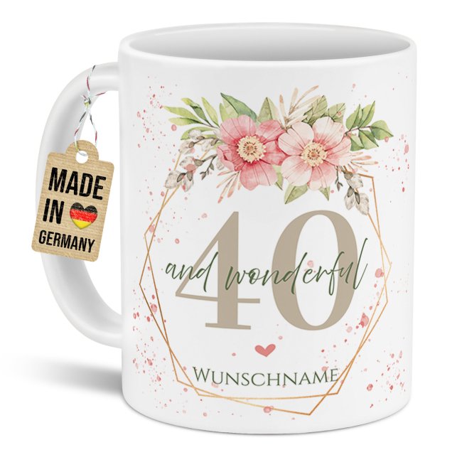 Tasse zum 40. Geburtstag - Wonderful mit Kranz - Matt wei&szlig;