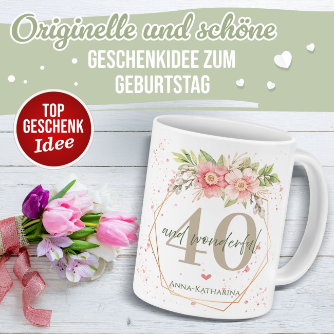 Tasse zum 40. Geburtstag - Wonderful mit Kranz - Matt wei&szlig;