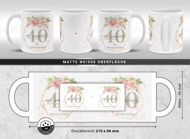 Tasse zum 40. Geburtstag - Wonderful mit Kranz - Matt wei&szlig;