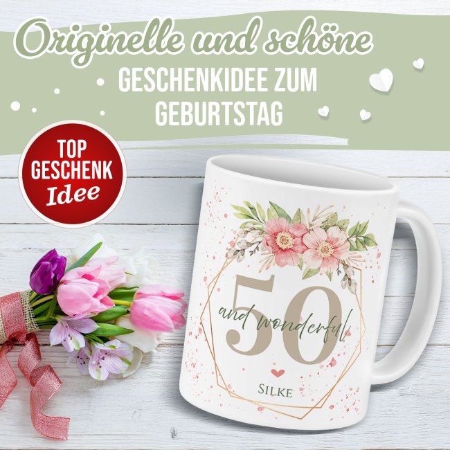 Tasse zum 50. Geburtstag - Wonderful mit Kranz - Matt wei&szlig;