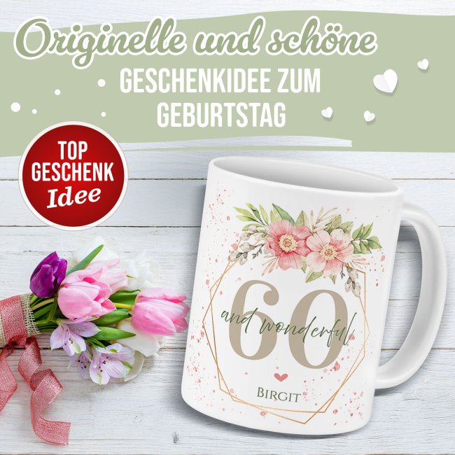 Tasse zum 60. Geburtstag - Wonderful mit Kranz - Matt wei&szlig;