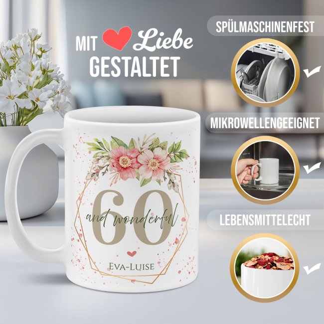 Tasse zum 60. Geburtstag - Wonderful mit Kranz - Matt wei&szlig;