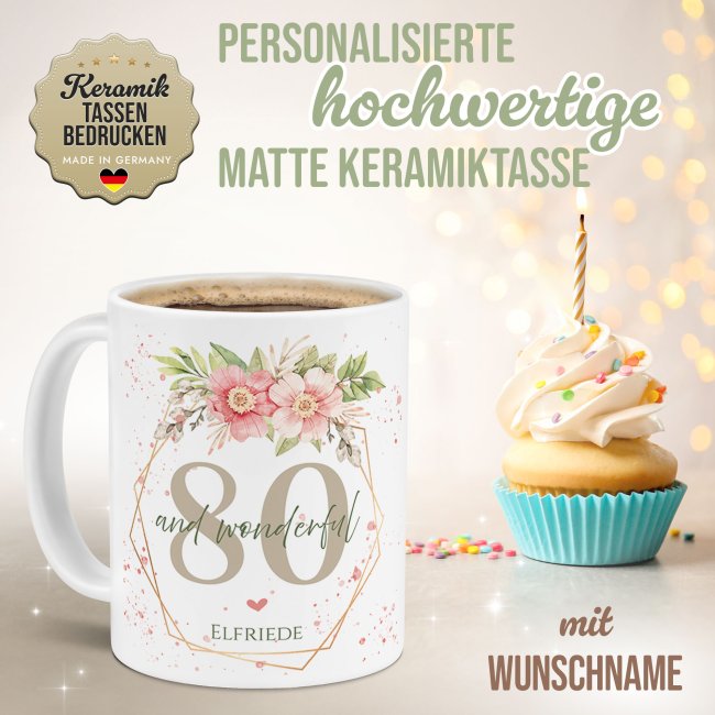 Tasse zum 80. Geburtstag - Wonderful mit Kranz - Matt wei&szlig;