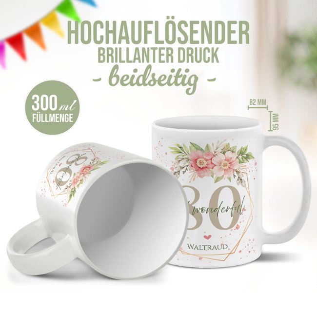 Tasse zum 80. Geburtstag - Wonderful mit Kranz - Matt wei&szlig;