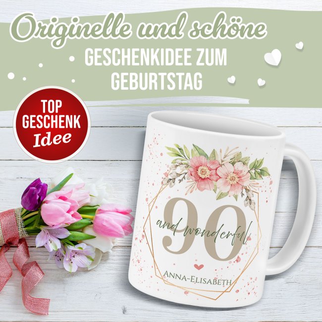 Tasse zum 90. Geburtstag - Wonderful mit Kranz - Matt wei&szlig;