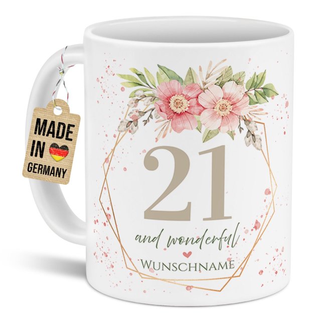 Geburtstagstasse mit Name und Jahr - Wonderful mit Kranz - Matt wei&szlig;