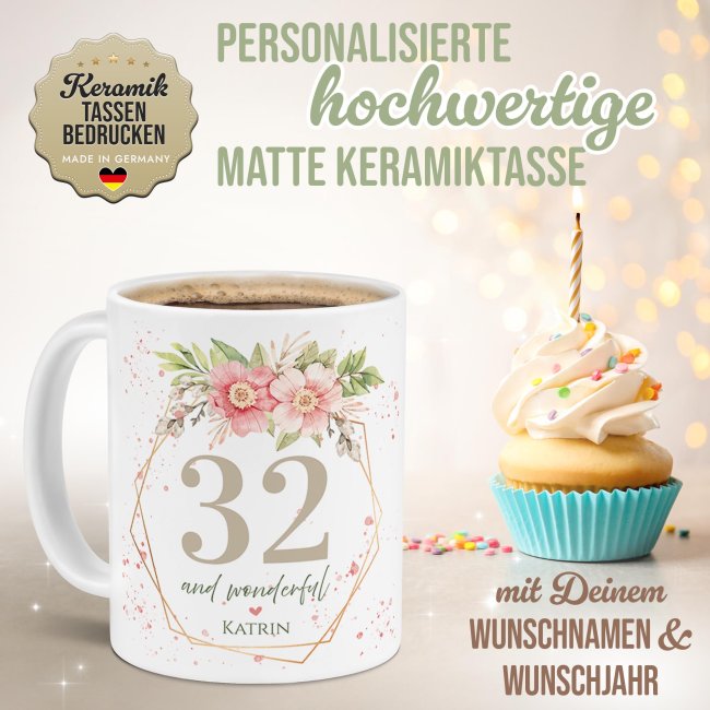 Geburtstagstasse mit Name und Jahr - Wonderful mit Kranz - Matt wei&szlig;