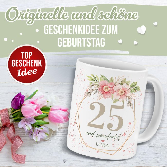 Geburtstagstasse mit Name und Jahr - Wonderful mit Kranz - Matt wei&szlig;