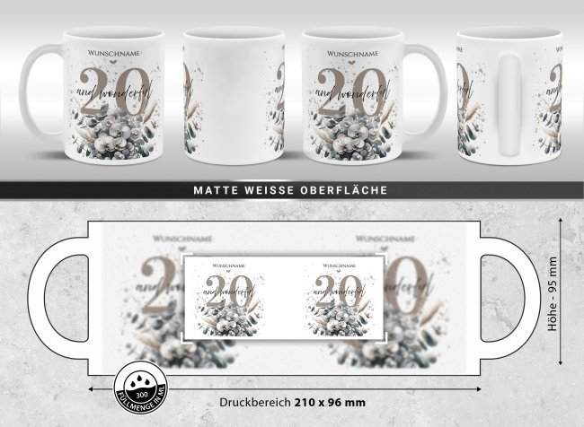 Tasse zum 20. Geburtstag - Wonderful - Matt wei&szlig;