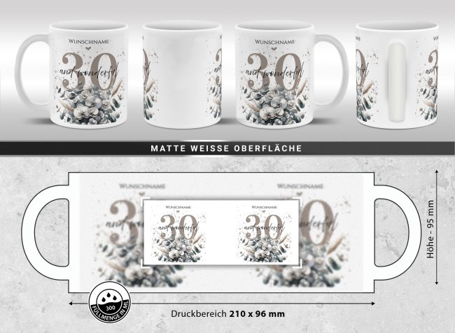Tasse zum 30. Geburtstag - Wonderful - Matt wei&szlig;