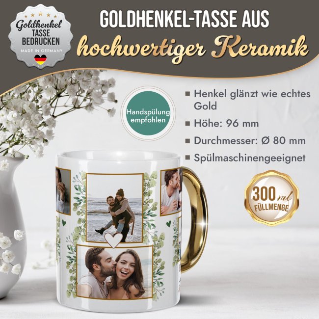 Personalisierte Tasse mit Goldhenkel - Fotocollage mit 8 Fotos und Namen