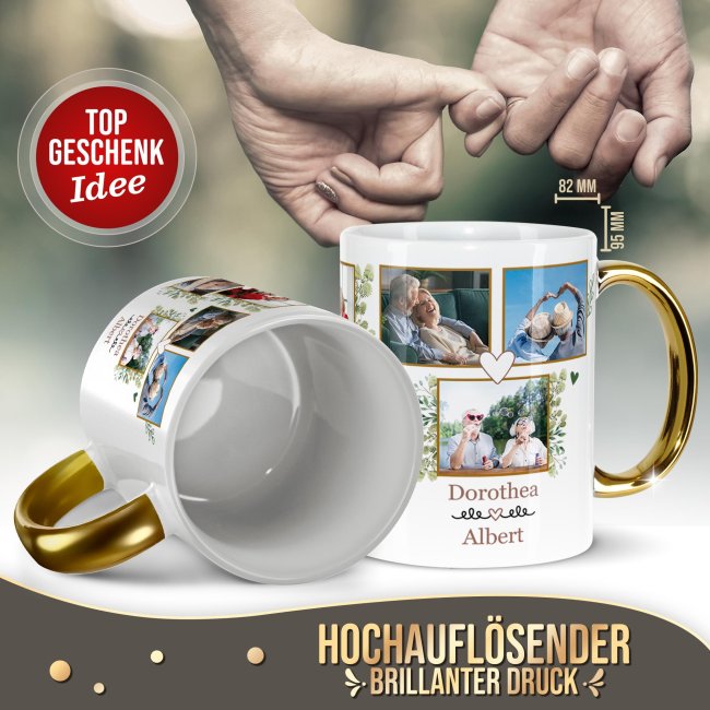Personalisierte Tasse mit Goldhenkel - Fotocollage mit 8 Fotos und Namen