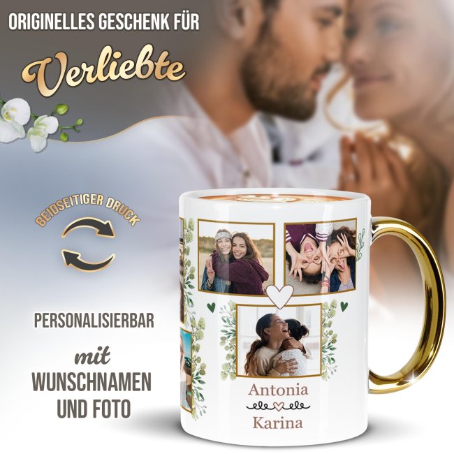 Personalisierte Tasse mit Goldhenkel - Fotocollage mit 8 Fotos und Namen