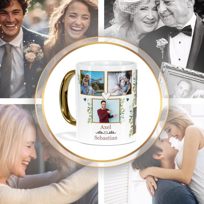 Personalisierte Tasse mit Goldhenkel - Fotocollage mit 8 Fotos und Namen