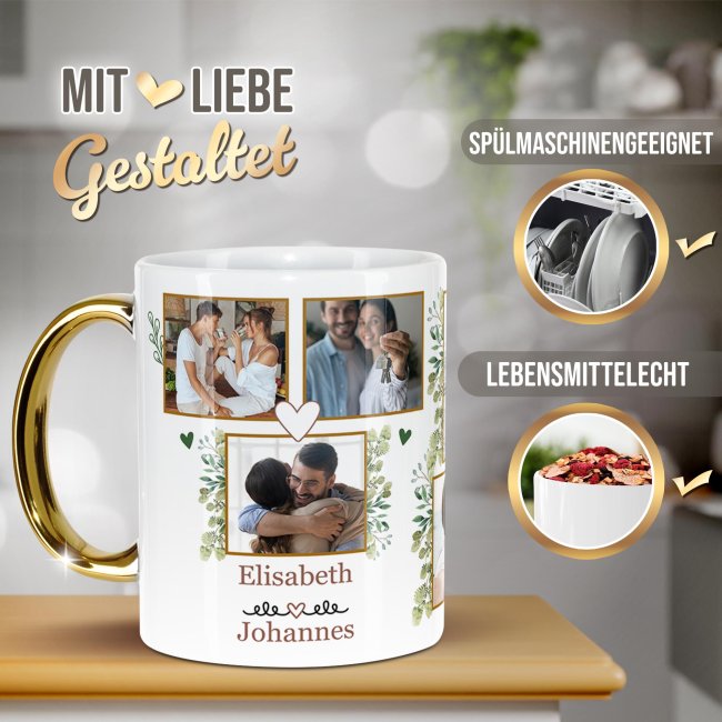 Personalisierte Tasse mit Goldhenkel - Fotocollage mit 8 Fotos und Namen