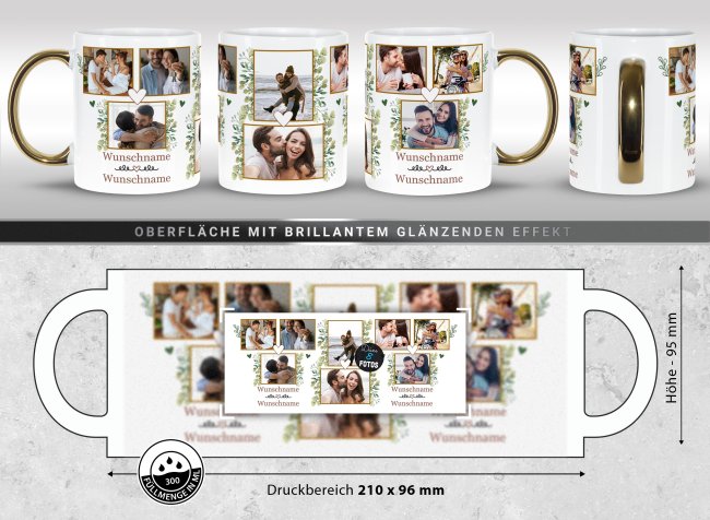 Personalisierte Tasse mit Goldhenkel - Fotocollage mit 8 Fotos und Namen