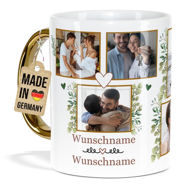 Personalisierte Tasse mit Goldhenkel - Fotocollage mit 8 Fotos und Namen