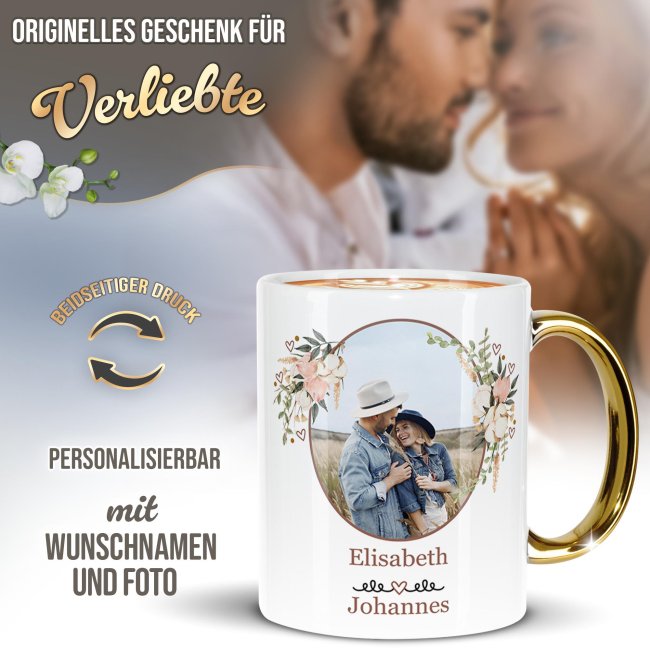 Personalisierte Tasse mit Goldhenkel - Liebe - mit Foto und Namen