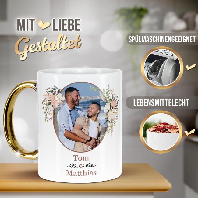 Personalisierte Tasse mit Goldhenkel - Liebe - mit Foto und Namen