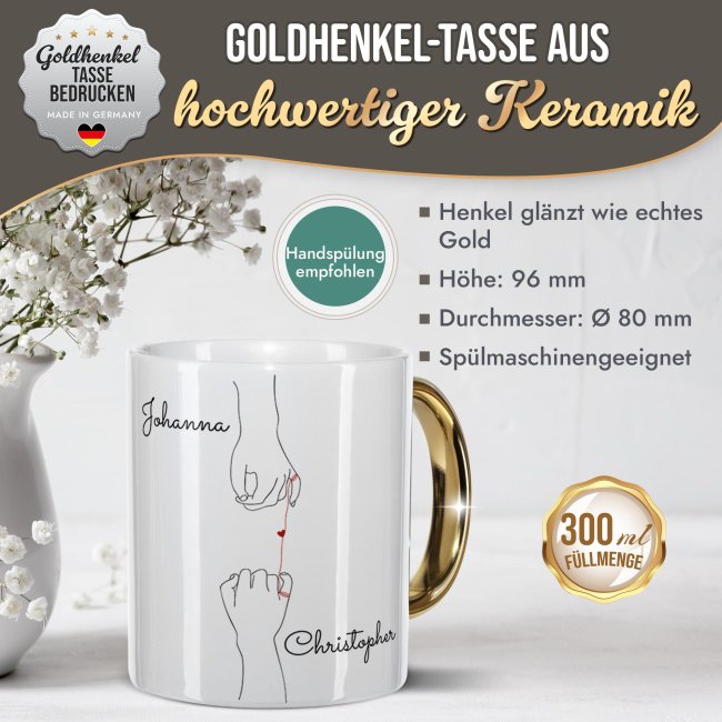 Personalisierte Tasse mit Goldhenkel - Herz H&auml;nde - mit Namen