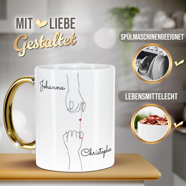 Personalisierte Tasse mit Goldhenkel - Herz H&auml;nde - mit Namen