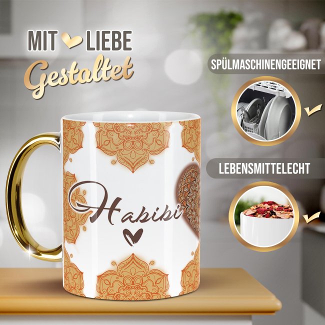Tasse mit Goldhenkel und Spruch - Habibi Habibti