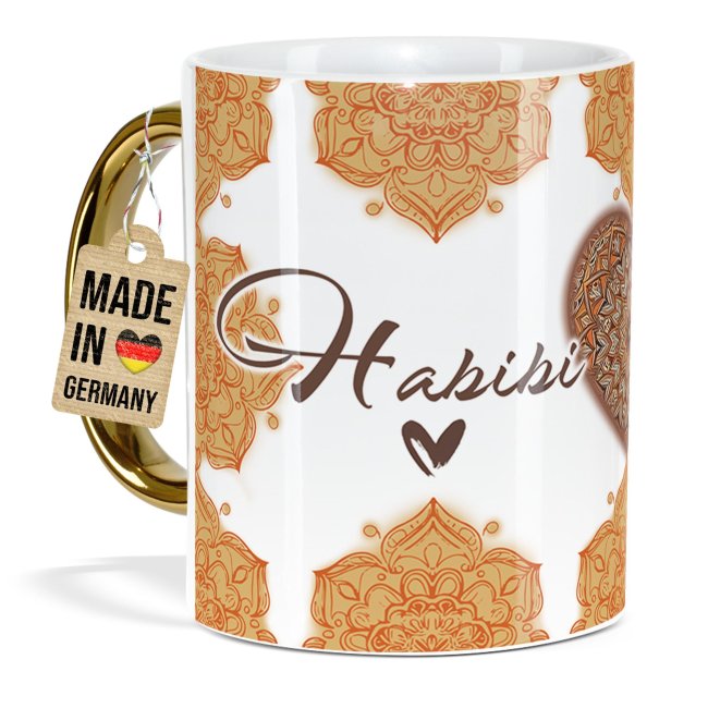 Tasse mit Goldhenkel und Spruch - Habibi Habibti