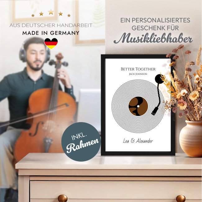 Fotodruck mit Bilderrahmen - Plattenspieler - Titel, Interpret &amp; Wunschtext - Hochformat, schwarzer Rahmen