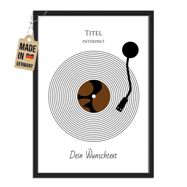 Fotodruck mit Bilderrahmen - Plattenspieler - Titel, Interpret &amp; Wunschtext - Hochformat, schwarzer Rahmen