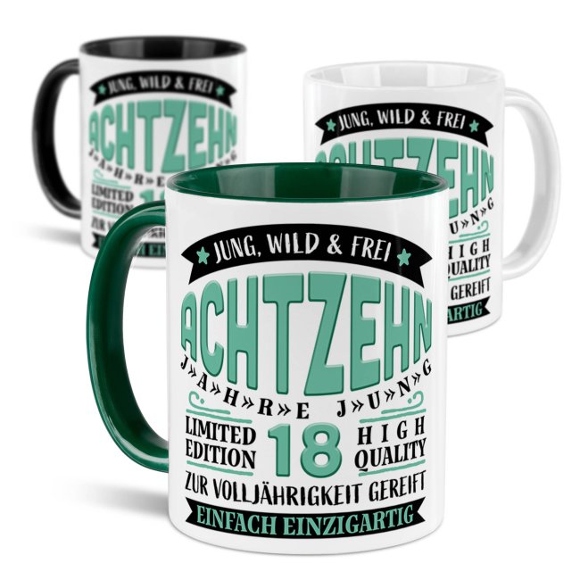 Tasse zum 18. Geburtstag - Jung, wild, frei