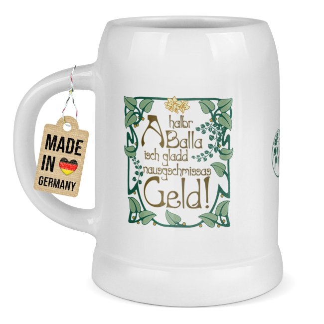 Bierkrug mit Spruch - A halbr Balla_Rahmen - Keramik