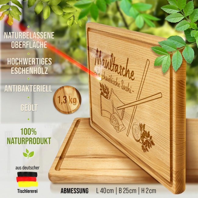 Gro&szlig;es Schneidebrett mit Gravur - Maultasche: Das schw&auml;bische Sushi - 40 x 25 cm