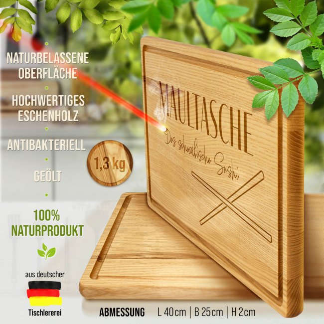 Gro&szlig;es Schneidebrett mit Gravur - Maultasche: Das schw&auml;bische Sushi minimalistisch - 40 x 25 cm