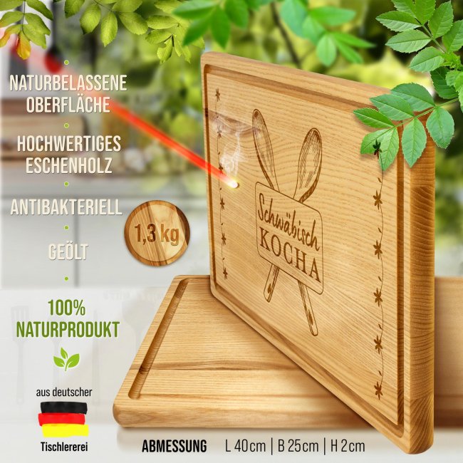 Gro&szlig;es Schneidebrett mit Gravur - Schw&auml;bisch kocha - 40 x 25 cm