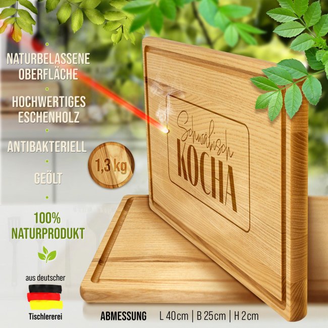 Gro&szlig;es Schneidebrett mit Gravur - Schw&auml;bisch kocha minimalistisch - 40 x 25 cm