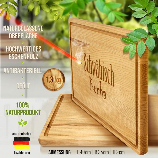 Gro&szlig;es Schneidebrett mit Gravur - Schw&auml;bisch kocha einfach - 40 x 25 cm
