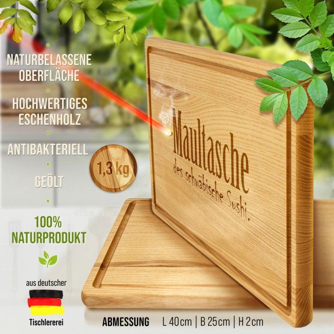Gro&szlig;es Schneidebrett mit Gravur - Maultasche: Das schw&auml;bische Sushi einfach - 40 x 25 cm
