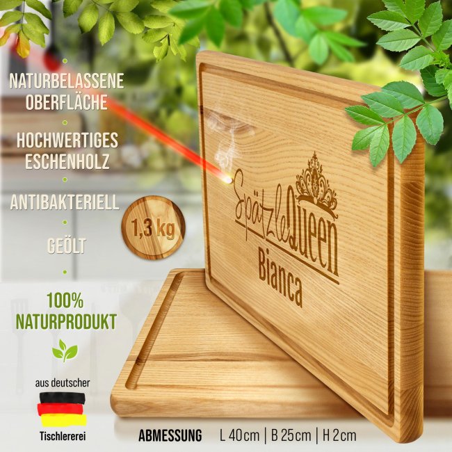 Gro&szlig;es Schneidebrett mit Gravur - Sp&auml;tzle Queen mit Name - 40 x 25 cm
