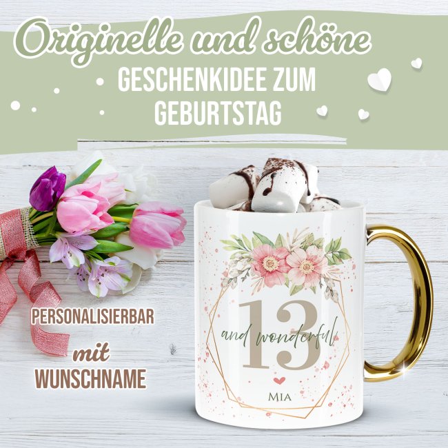 Tasse mit Goldhenkel zum 13. Geburtstag - Mit Name - Wonderful mit Kranz
