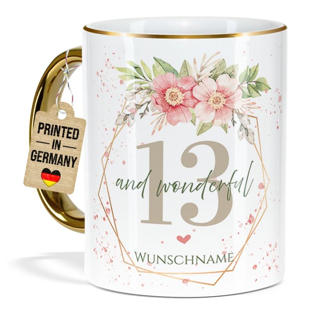 Tasse zum 13. Geburtstag - Mit Name - Wonderful mit Kranz - Rand &amp; Henkel Gold