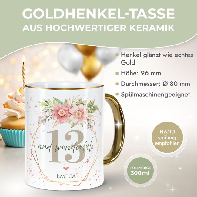 Tasse zum 13. Geburtstag - Mit Name - Wonderful mit Kranz - Rand &amp; Henkel Gold