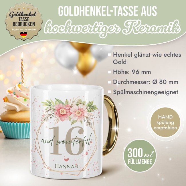 Tasse mit Goldhenkel zum 16. Geburtstag - Mit Name - Wonderful mit Kranz