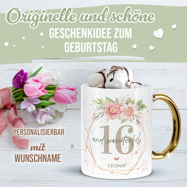 Tasse mit Goldhenkel zum 16. Geburtstag - Mit Name - Wonderful mit Kranz
