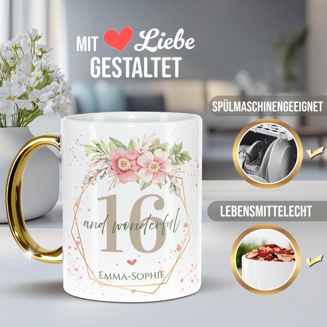Tasse mit Goldhenkel zum 16. Geburtstag - Mit Name - Wonderful mit Kranz