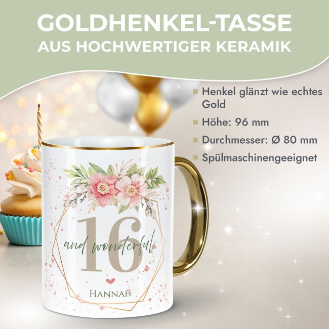 Tasse zum 16. Geburtstag - Mit Name - Wonderful mit Kranz - Rand &amp; Henkel Gold