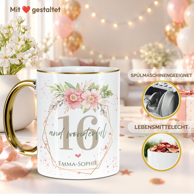 Tasse zum 16. Geburtstag - Mit Name - Wonderful mit Kranz - Rand &amp; Henkel Gold